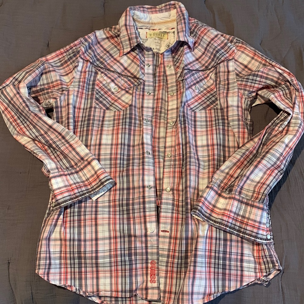 Men’s Vintage Guess Snap Button Plaid Shirt.